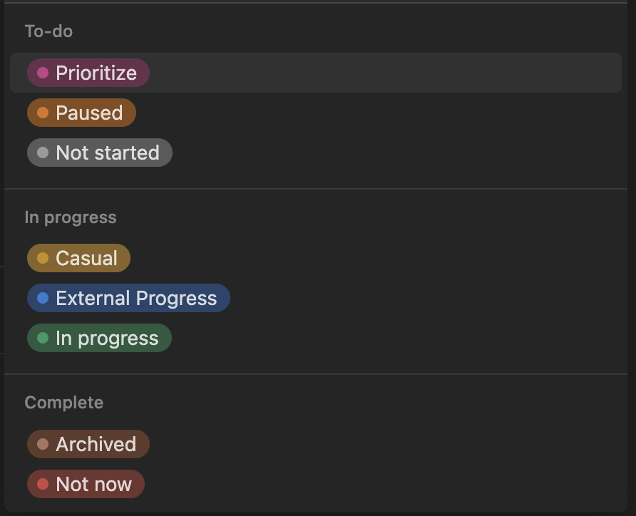 Different status for sub-projects: e.g. Prioritze, paused, in progress, not now